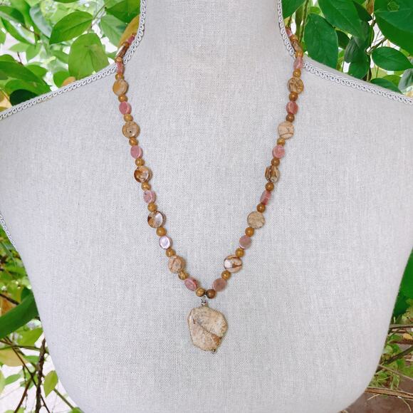 VTG Gemstone Rhodonite Picture Jasper Boho Artisan Necklace Statement Pendant - Picture 2 of 15